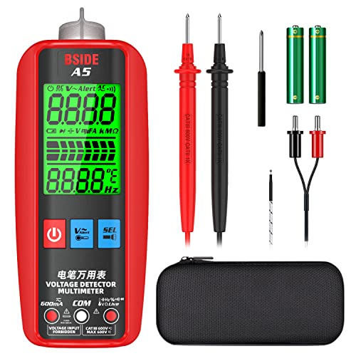 BSIDE A5 Smart Digital Multimeter Electrical Tester Auto range Intelligent Voltmeter with NCV VFC AC DC Volt/Amp Ohm Meter Cap Hz Continuity Diode Temperature Circuit checker Buzzer Alarm Flashlight