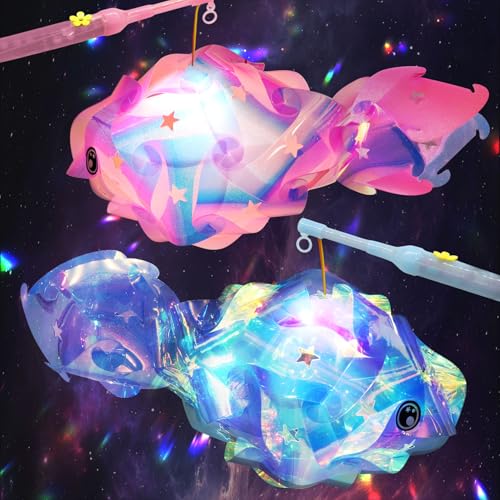 Herbst 2er Laterne Kinder, Laternen Bastelset Fischform Laterne st Martin mit Laternenstab, Martinslaterne Multicolor Laterne für Martinsumzug/Weihnachten/Halloween/Geburtstag/Karneval