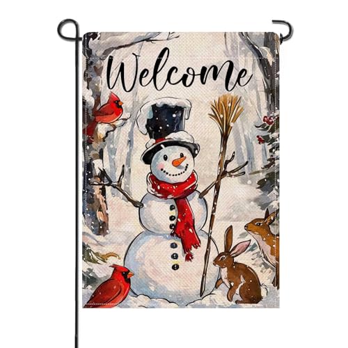 Artofy Welcome Christmas Snowman Small Decorative Garden Flag, Xmas Snowy Cardinal Rabbit Yard Lawn Outside Decor, Winter Holiday Burlap Outdoor Home Decoration Double Sided 12 x 18