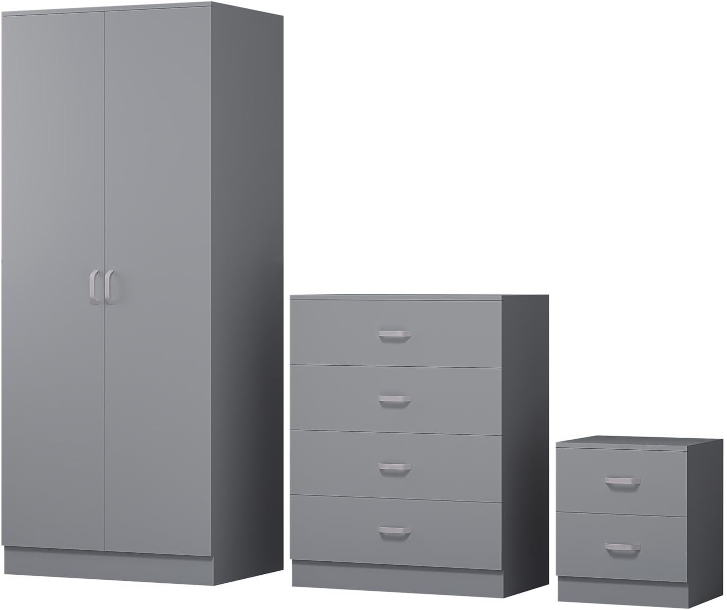 Tunis 3 Piece Bedroom Furniture Set including 2 door wardrobe a large 4 drawer chest and bedside cabinet Matt Grey