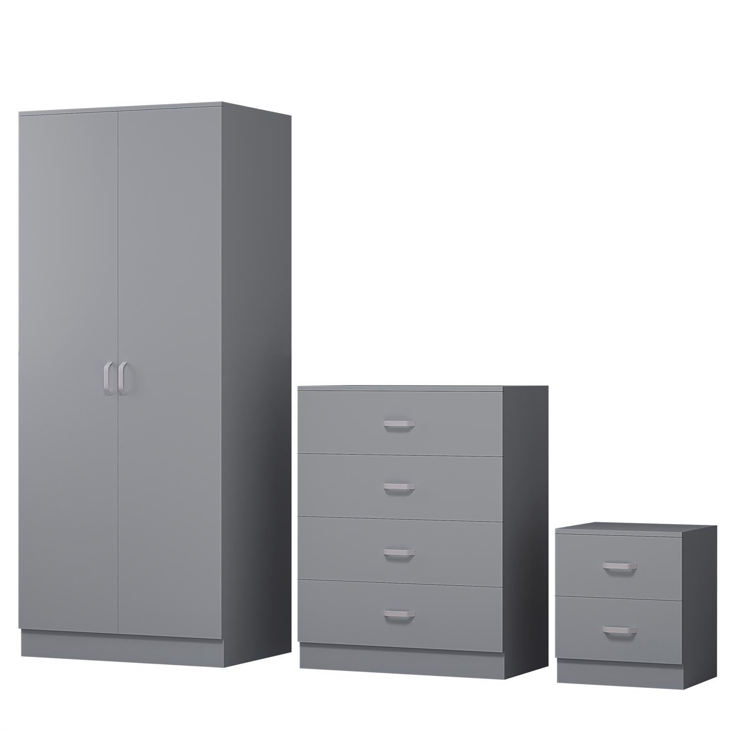 FWStyle Tunis 3 Piece Bedroom Furniture Set including 2 door wardrobe a large 4 drawer chest and bedside cabinet Matt Grey