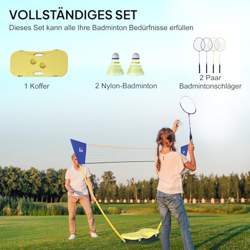 HOMCOM Badminton Netz mit Stand, Badminton-Netzständer, tragbarer Netzständer, Badmintonnetz mit 4 Badminton-Schlägern, Outdoor-Sport, Gelb+Blau, 286 x 33 x 157 cm