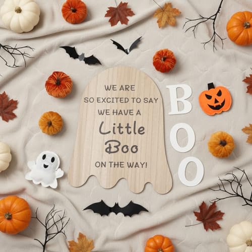 Fiwochic 22 Pcs Fall Pregnancy Announcement Set Fall Thanksgiving Baby Reveal Idea Include 'we Have a Little Boo' Wooden Ghost Shape Sign Velvet Pumpkin 3D Bat Felt Ghost Pumpkin for Baby Shower Party