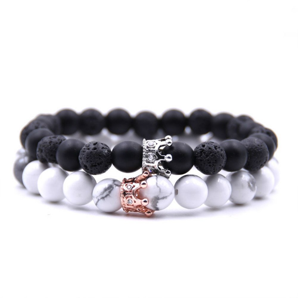 USUASI - 2 braccialetti con perle da uomo e donna, realizzati a mano, in pietra lavica, 8 mm (nero e bianco
