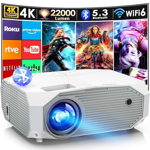 YOWHICK 4K Projector with WiFi and Bluetooth, 20000L Native 1080P Outdoor Portable Movie Projector, Smart Video Projector, 50% Zoom/400" Display White