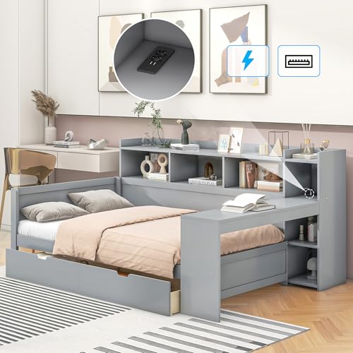 KecDuey Cama individual, cama de madera de 90 x 200 cm, cama de día, mesita de noche y estante inferior, cama con enchufe y puerto USB, 2 cajones, escritorio, sin colchón, tablero de partículas (gris)