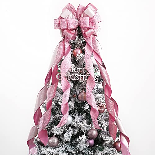 MEEDEE Pink Glitter Christmas Tree Topper - 12' Wide Velvet Bow for Christmas Tree (1 Pack)