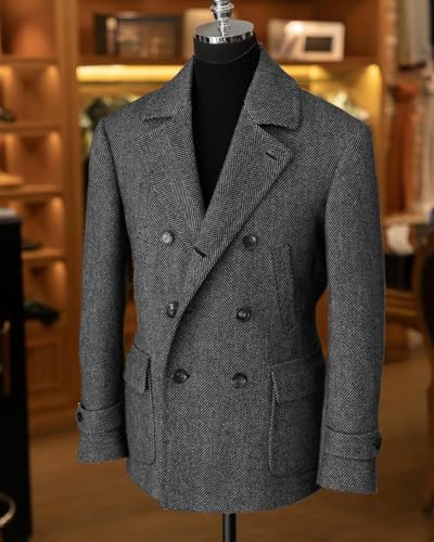 Vintage Classic Tweed Herringbone Double Breasted Wool Blend Men Suit Sports Jacket Blazer Coat2