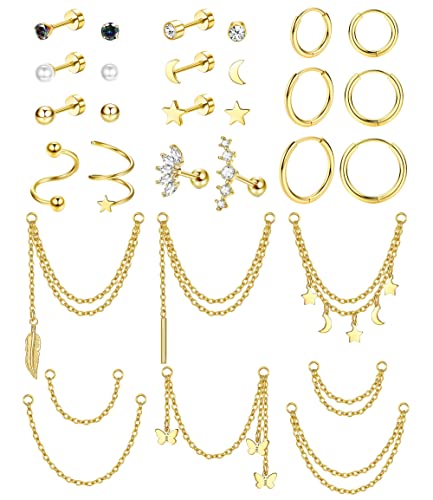 FIBO STEEL 20G Cartilage Earrings Set for Women Huggie Hoop Earrings Flat Back Earrings Star Moon Butterfly CZ Cartilage Stud Earrings Chain Dangle Helix Tragus Piercing Jewelry