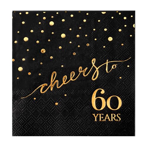 100 Pack of 60th Birthday Napkins Cheers to 60 Cocktail 5x5 Inches Party Paper Napkins for Birthday Decorations Wedding Anniversary Black and Gold 3-Ply