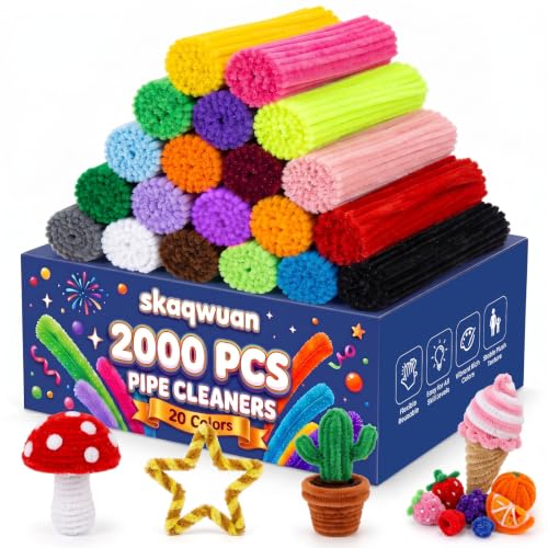 Pipe Cleaners Bulk - 2000 Pcs 20 Colors Chenille Stems, 7mm Thick Craft Pipe Cleaners for DIY Art Projects, Classroom Supplies & Holiday Decor, Limpia Pipas Manualidades, 12 Inch Rainbow Twists