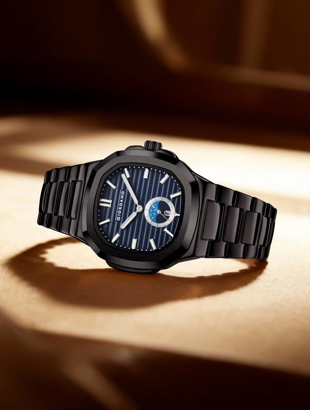 Image of Giordano Analog Watch for Men - Classic Moon Phase Design with Textured Dial, Durable Stainless Steel Strap, and Date Display