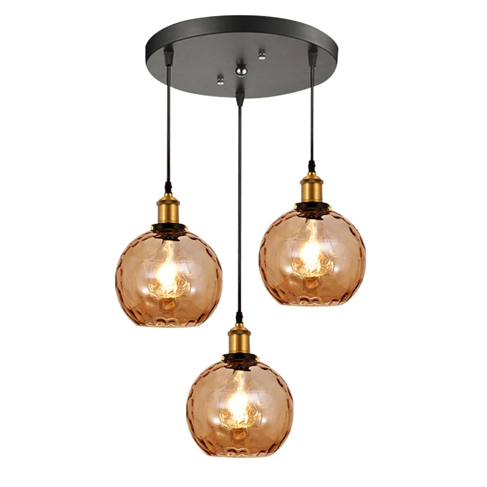 KXEcoLife 3-Light Pendant Lighting Retro Chandelier Amber Glass Hanging Light Fixture Rustic Ceiling Lights for Kitchen Island Dining Room Bedroom Hallway