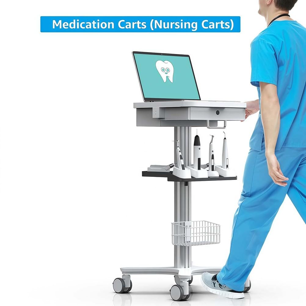 Wózek medyczny z uchwytem na skaner jamy ustnej i tacą na laptopa – mobilna stacja robocza z paletą sprzętu i cichymi kółkami do klinik i szkół