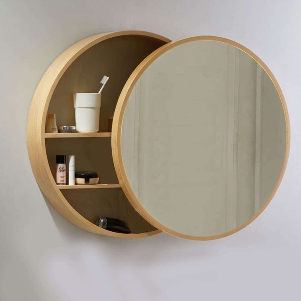 Specchio rotondo da bagno in legno da 50 cm, con ripiano portaoggetti, armadietto da parete in legno massello impermeabile, elegante accessorio decorativo per la casa per bagni moderni