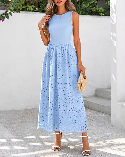 Image of dowerme Women Summer Dresses 2026 Casual Sleeveless Crewneck A-Line Boho Lace Eyelet Cotton Tank Maxi Dress with Pockets