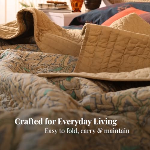 Image of Peepul Tree Hand Block Printed 100% Cotton Malmal AC Comforter 60 x 90 Inches, Best for Summers Lightweight, Soft, Breathable & Reversible AC Blanket for Single Bed, Ivory Taupe and Powder Blue