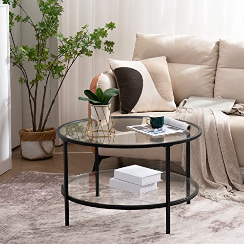 Image of VINGLI Glass Coffee Table,30 inch Round Coffee Table Black Coffee Tables for Living Room, 2-Tier Clear Glass Top Side Table with Storage. Simple & Modern Center Table Mesa de Centro para Sala