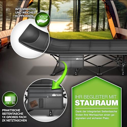 tillvex® Campingbett klappbar mit Tragetasche bis 280 kg | Campingliege extra breit | Feldbett Karpfenliege für Outdoor & Indoor | Klappbett Gästebett faltbar Garten Camping Angeln Festival Reise