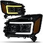 oEdRo LED DRL Headlight Assembly Replacement for 2004-2015 Nissan Titan / 2005-2007 Armada, Headlamps w/ Sequential Turn Signal, Smoked Lens Black Housing - Pair Set