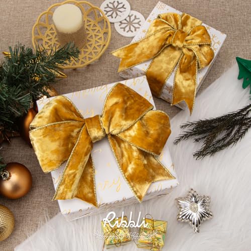 Image of Ribbli Gold Velvet Wired Ribbon 2.5 Inch Metallic Gold Crushed Velvet Christmas Ribbon for Gift Wrapping Christmas Tree Decoration Crafts Wreaths Supplies-Continuous 10 Yards