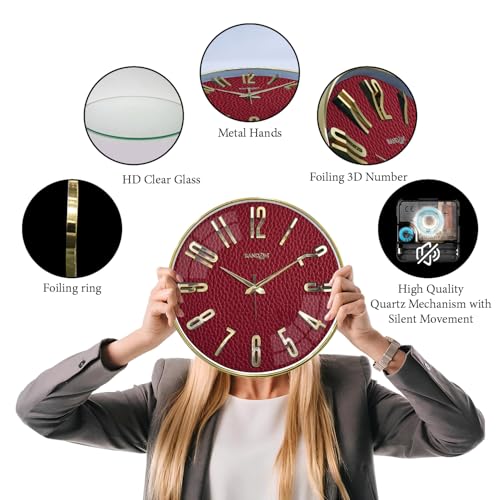 Image of RANDOM Silent Wall Clock, Non-Ticking Quartz Movement, Foiling Ring and 3D Numbers (Red)