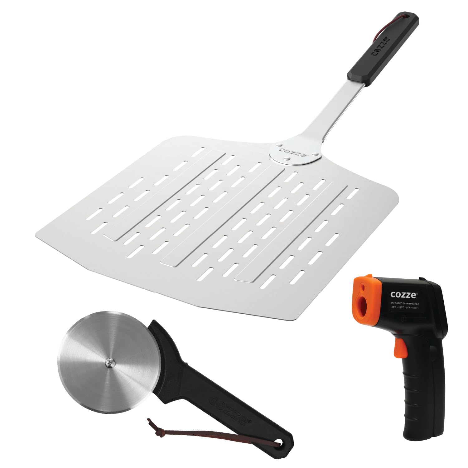 cozze® Cadeauset met pizzaschep, thermometer en pizzasnijder – luxe 3-delige set voor pizzaliefhebbers