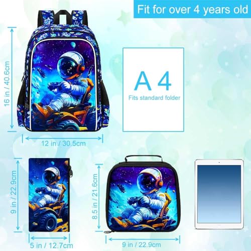 Image of CCJPX 3Pcs Astronaut Backpack for Boys, 16 inch Space Kids Bookbag with Lunch Box, Cool Water Resistant Schoolbag for Preschool Kindergarten Toddler(Blue)