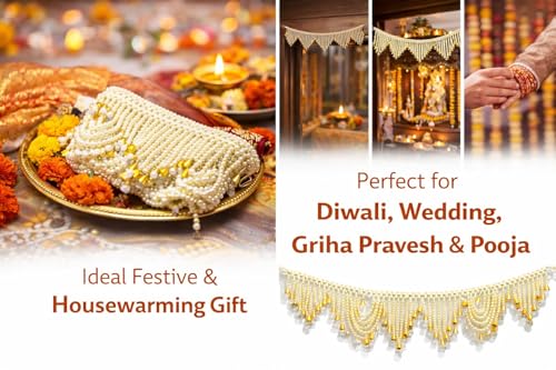 Image of Pearl Beaded Door Toran for Home Decoration | Handmade Moti Bandhanwar with Golden Drops | Wall & Mandir Hanging for Festive Decor, Diwali, Pooja, Wedding (1 Piece)