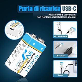 REACELL 9V Batteria ricaricabile 1300 mAh Lithium Batteria con USB-C Cavo per Rilevatori di Fumo, Sirene, Microfoni, Multimetri (2 Pezzi)
