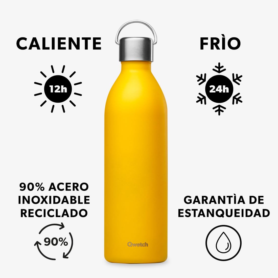 Qwetch - Botella Isotérmica Active Inox 1L Amarillo Active | Botella Agua Acero Inoxidable con Asa - 24h Frío / 12h Caliente - Reutilizable, Hermética y sin BPA