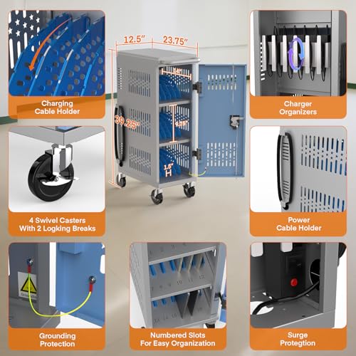 Image of Fully Assembled 18 Bay Laptop Charging Cart on Wheels, Heavy Duty Laptop Storage Cart for iPad Chromebook Tablet Up to 14-inch Screen with Key Lock, Charger & Cable Organization, Grey