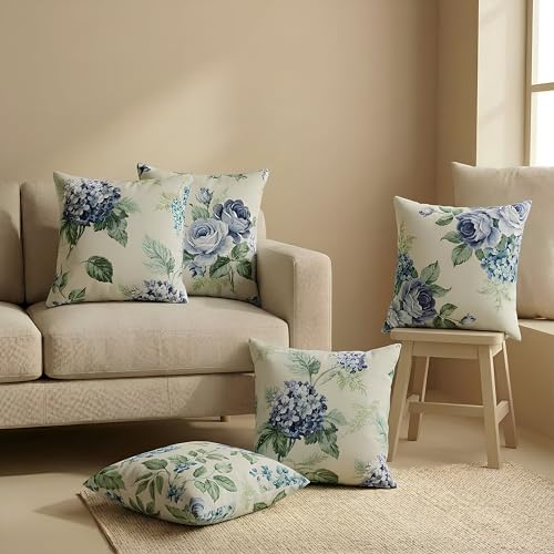 Image of Clasiko Cotton Cushion Covers 12x12 - Set of 5 Decorative Cushion Covers, Blue Bloom, Soft Cotton, Hidden Zip, Sofa & Bedroom Decor