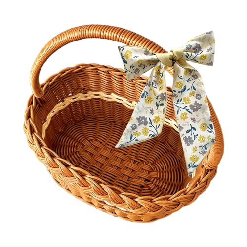 Panier de pique-nique – de rangement de fleurs tissées, panier de courses en imitation rotin avec poignée en ruban | Jardin marché plage Camping récolte fruits décor à la maison Vintage PP maté