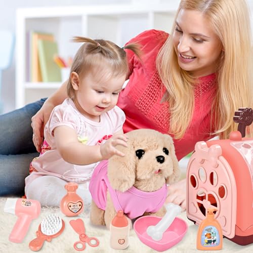 Herefun Hund Spielzeug Kinder, Elektrisch Plüsch Hund, Interaktives der läuft bellt Schwanzwedelt, Haustier Hundespielzeug Elektrisches, Kuscheltier mit Leine Hundekäfig Geschenk Mädchen ab 3 Jahren