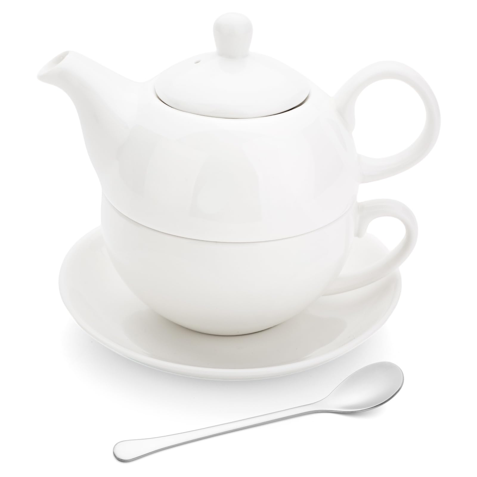 Teapot and Cup Set for One - Ceramic Teapot with Teacup and Saucer Afternoon Tea Set (White)
