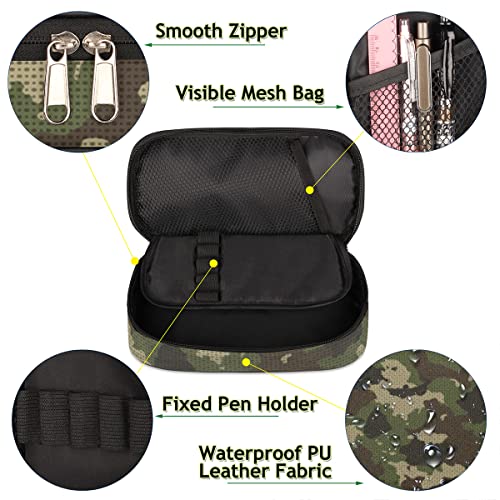 Image of Pardick Green Camouflage Big Capacity Pencil Pen Case Camo Print Large Pencil Pouch with Zipper Compartments Pencil Bag for Boys Girls Adults Student Office School Supplies