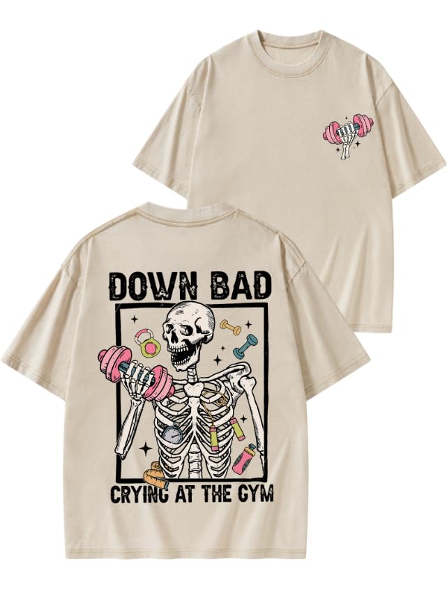 Funny Gym Shirts for Women-Down Bad Crying at The Gym - Novelty and Fun Design Washed Heavyweight Cotton Gym t-Shirt Apricot
