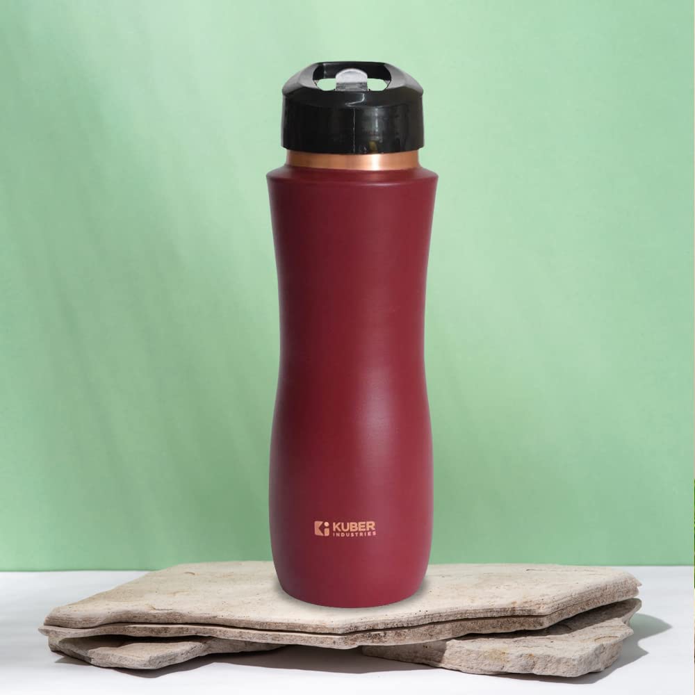 Kuber Industries Copper Water Bottle with Sipper | BPA Free & Non-Toxic | Leakproof, Durable & Lightweight | With Added Health Benefits of Copper | Ergonomic Design & Easy to Clean | Maroon | 750 ML