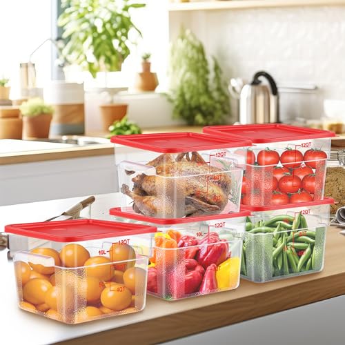 Image of Ziliny 8 Sets Square Food Storage Containers with Lids Dough Proofing Bucket Commercial Polycarbonate Containers with Scale Clear Airtight Cereal for Pantry Home Restaurant (Red,12 Qt)