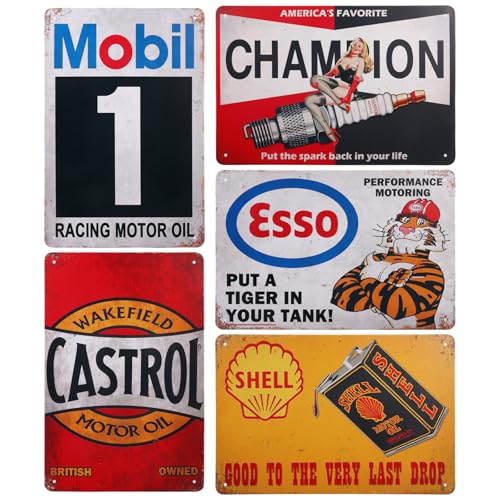 SPORWAY 5 carteles de chapa retro para garaje, 20 x 30 cm, retro, decoración vintage, cartel de chapa, cartel de metal para coche, cartel de motor, cartel de metal, decoración de pared de casa,