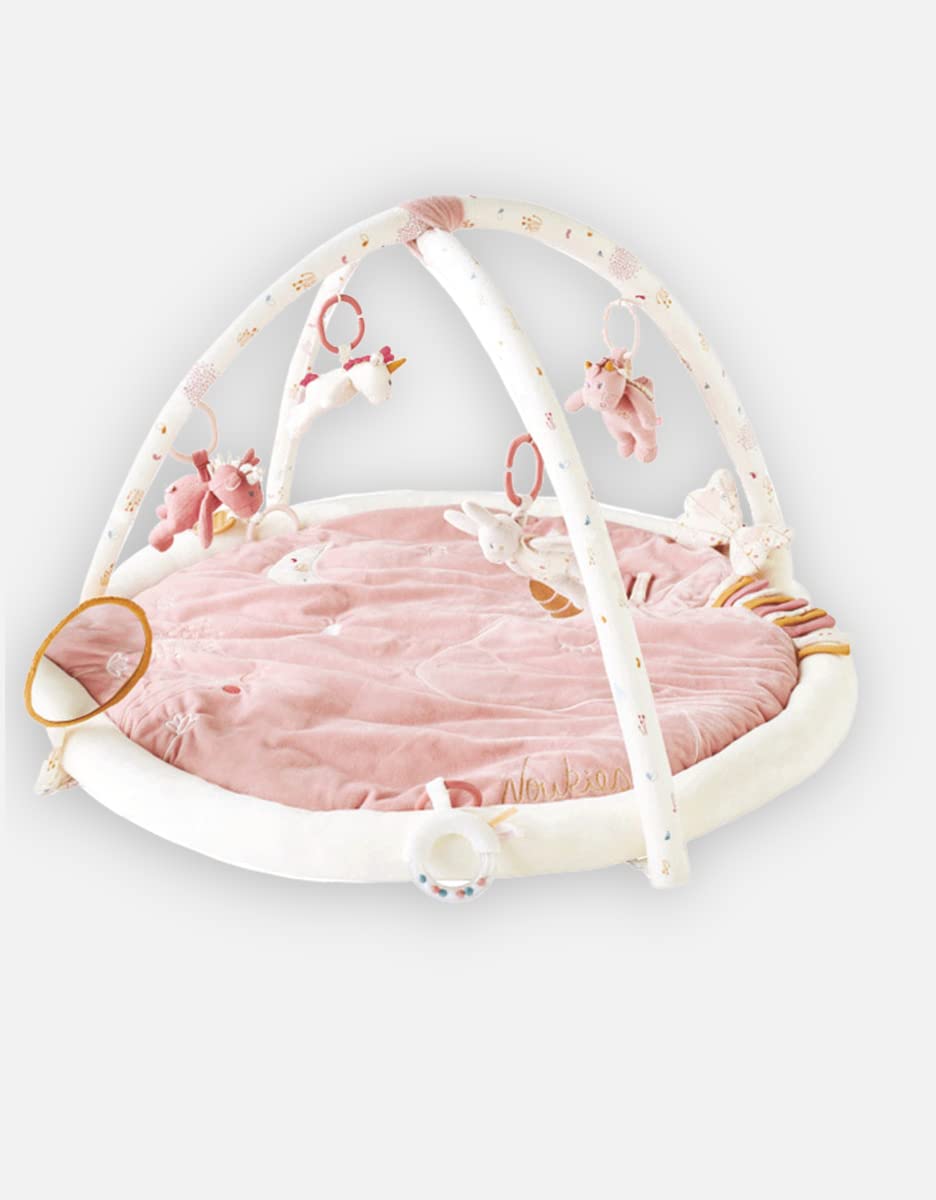 NOUKIE'S – Alfombra de Juegos para Bebé Veloudoux Lina & Joy – Alfombra Sensorial con Juguetes Colgantes – Motricidad, Desarrollo, Estimulación – Lavable a Máquina – Recién Nacido – Regalo