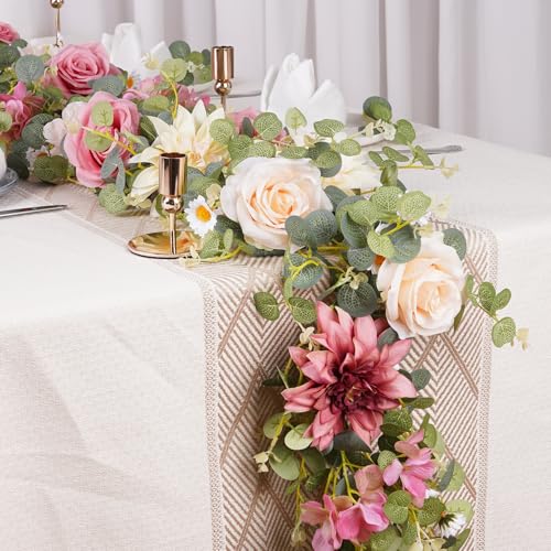 Artificial Pink Flower Garland Decor, 6.07Ft Dahlia Garland Eucalyptus Greenery Garland with Flowers Pink Flower Vines Rose Silk Floral for Wedding Table Centerpieces Garden Party Decor (1 Pack) - Image 5