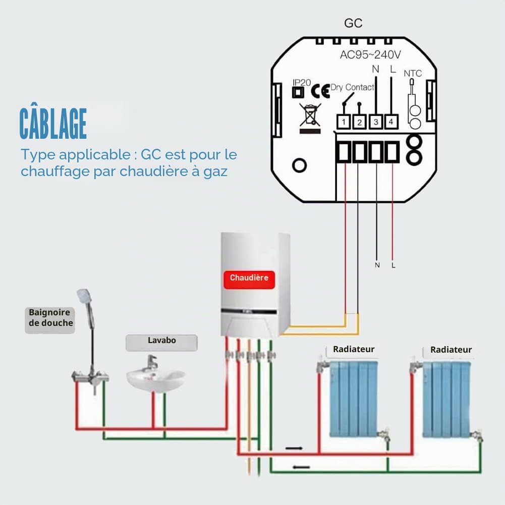 Thermostat Connecté Programmable WiFi Filaire pour Chaudière Gaz/Eau - Compatible Alexa et Google Home, Intelligent d'Ambiance Intérieur avec Écran LCD et Bouton Tactile
