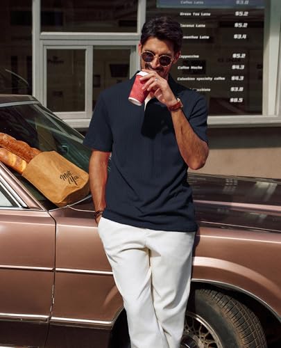 PJ PAUL JONES Mens Polo Shirts Short Sleeve Textured Polo T Shirt Summer Casual Knitted Golf Shirt4