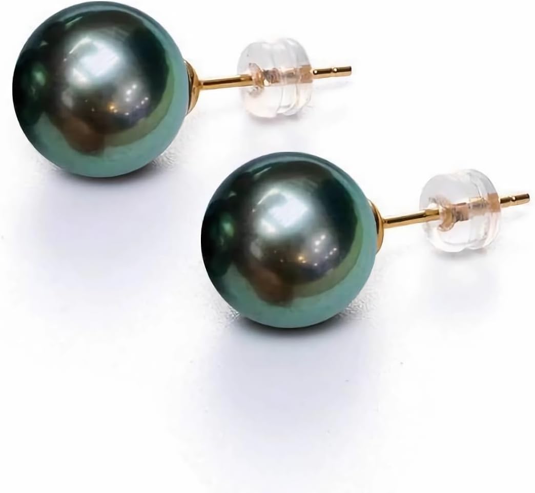 Round Tahitian black pearl earrings, circle carefully handpicked AAAA+ grade paired Tahitian black pearl 925 silver 18K Gold plated earrings, hypoallergenic cultured pearls blacks pearls earring for women.