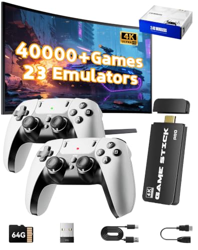 Retro Gaming Console Stick Pro, Video Games Stick with 4K HDMI Built-in 23 Emulators Console, Game Stick 40000+ Plug and Play TV Game System with 2 Wireless Controllers (Black)