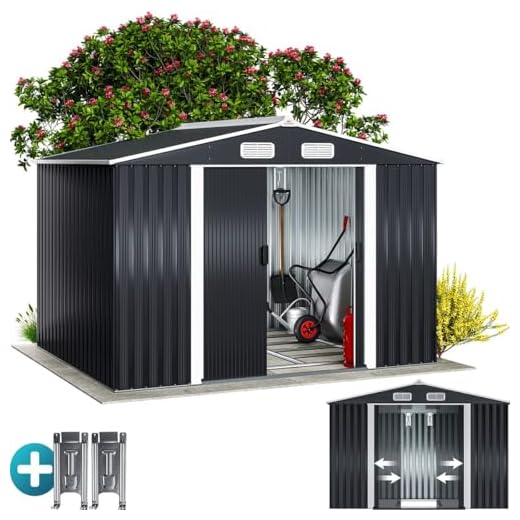 GARDEBRUK® Casetta per Attrezzi da Giardino XXL in Metallo 5m² con Base 257x205x178cm Porta Scorrevole Capanno Antracite con Tetto Prese d´Aria Capannone Rimessa da Esterno 9m³