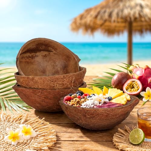 Hushee 4 Pcs Natural Coconut Shell Bowls Halves Coconut Bowl with Fiber for Smoothie Acai Salad Vegan Gifts Rustic Kitchen Decoration