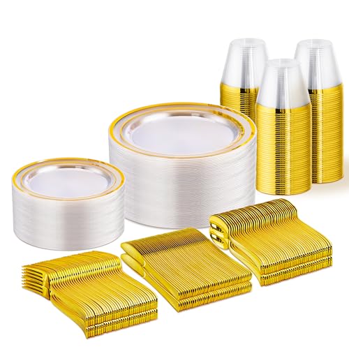 WELLIFE 300 PCS Clear Gold Dinnerware Set for 50 Guests, Clear and Gold Plastic Plates for Party, 50 Dinner Plates, 50 Salad Plates, 50 Cups Forks Knives Spoons for Wedding and Party Supplies